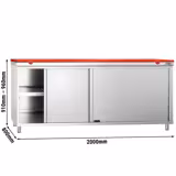 Table armoire en acier inoxydable PREMIUM - 2000x800mm - avec portes coulissantes et étagère basse - pour viande crue - incl. plateau de découpe Rouge PEHD (HACCP)