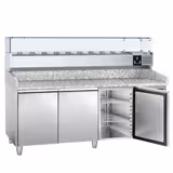 Commercial Pizza Prep Counter - Granite Top ECO - 2025x800mm - with 3 doors - incl. refrigerated topping unit with glass sneeze guard - 10x GN 1/4