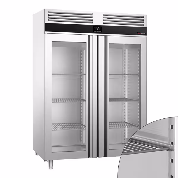 Koelkast RVS PREMIUM - GN 2/1 - 1400mm - 1400liter - tot +8°C - met 2 glasdeuren - geforceerde koeling, LED‑verlichting & legroosters