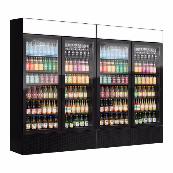 (2 pcs) Commercial Upright Glass Door Display Fridge with Illuminated Canopy - 2400mm - 2096 Litres - with 4 hinged glass doors - LED lighting - Black - Temperature range 1 to 10 °C