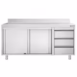 Table armoire en acier inoxydable PREMIUM - 1800x600mm - avec portes coulissantes et 3 tiroirs à droite - avec dosseret