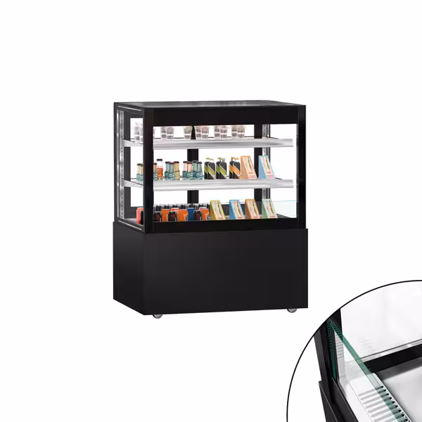 Vetrina espositiva refrigerata MADRID - Self service - 435l - 1000mm - Doppio vetro - con 2 ripiani - porte posteriori scorrevoli; LED interni; incl. tenda notte; 4 lati vetro - Nero opaco