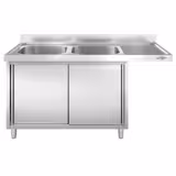 Commercial Dishwasher Sink with Cupboard PREMIUM - 1800x600mm - 2 Bowls, Left-Hand Bowl