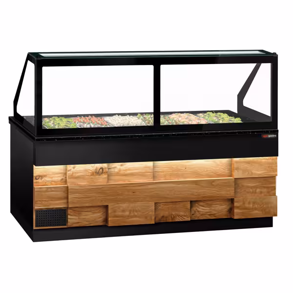 Saladette TORONTO - 2550mm - rivestimento frontale in legno - 4 porte - con vetrina in vetro dritto per 6x GN 1/1, 1 ripiano - piano di lavoro in granito
