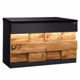 Kassa-sectie TORONTO & LED-verlichting buiten, 1 legplank - 1150x880x900mm - houten front - granieten werkblad zwart - RVS