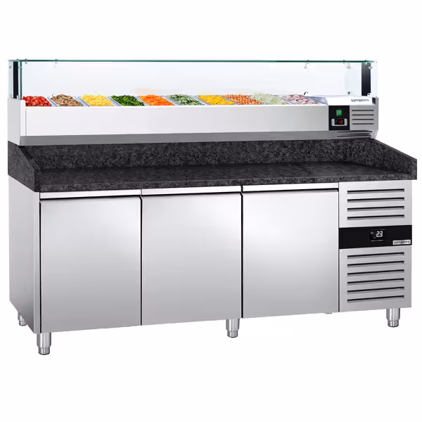 Pizzawerkbank PREMIUM - 2025x800mm - granieten werkblad - met 3 deuren - incl. koelopzetvitrine LED - 10x GN 1/4