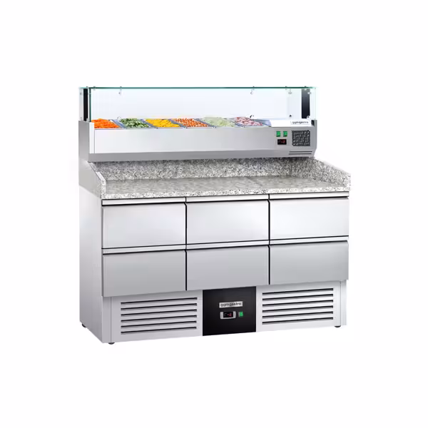 Pizzawerkbank PREMIUM - 1400x700mm - met granieten werkblad - met 6 laden 1/2 - incl. opzetkoelvitrine LED - 6x GN 1/4