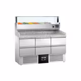 Commercial Pizza Prep Counter - Granite Top PREMIUM - 1400x700mm - with 0 doors & 6 dough drawers 1/2 - incl. refrigerated topping unit with glass sneeze guard LED - 6x GN 1/4