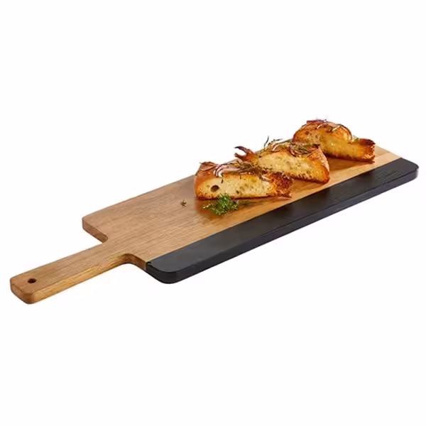 (6 st) Serveringsbräda - ROCKWOOD - inkl. beskrivningsbar naturskifferremsa - lackerat akaciaträ - 560x180x15 mm