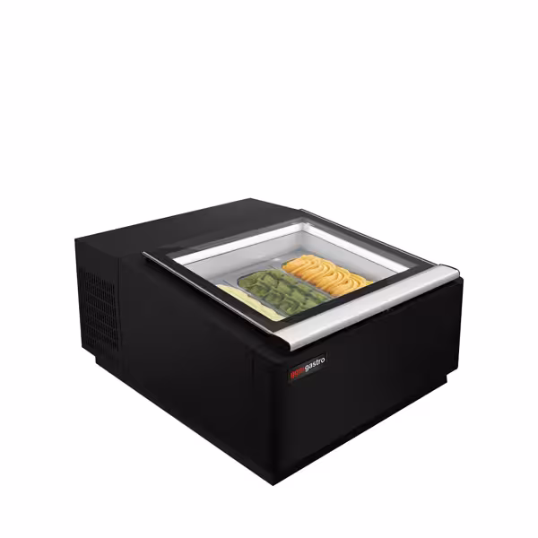 Vetrina gelato da banco - 670mm - Refrigerazione statica - con Sbrinamento automatico - per 3x Vasca da gelato da 5 Litri - Nero - Vetro dritto - Apertura coperchio lato lato operatore