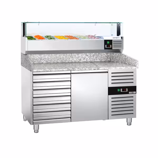 Balcão de pizza refrigerado PREMIUM 1,5 x 0,8 m - com 1 porta e 7 gavetas neutras