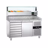 Pizzawerkbank PREMIUM - 1500x800mm - met granieten werkblad - met 1 deur & 7 laden - incl. glasvitrine LED - 7x GN 1/4