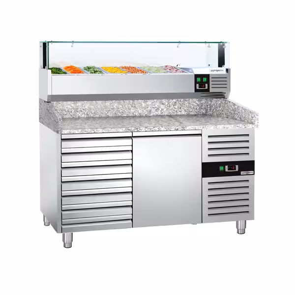 Pizzawerkbank PREMIUM - 1500x800mm - met granieten werkblad - met 1 deur & 7 laden - incl. glasvitrine LED - 7x GN 1/4