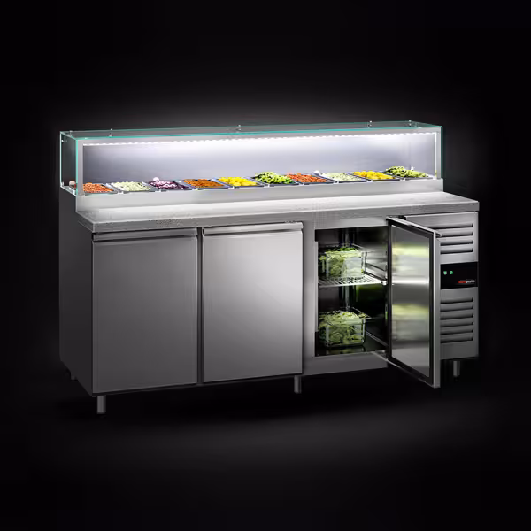Saladette PREMIUM - 2020mm - 3 deuren - met glazen opzetvitrine voor 10x GN 1/3 - granieten werkblad