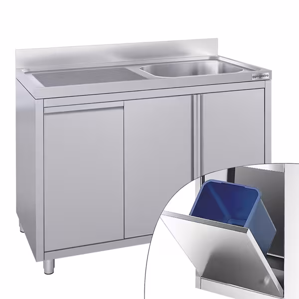 Rvs spoelkast - 1200x600mm - met afvalgat & afvalcontainer - 1 spoelbak rechts - met spatrand