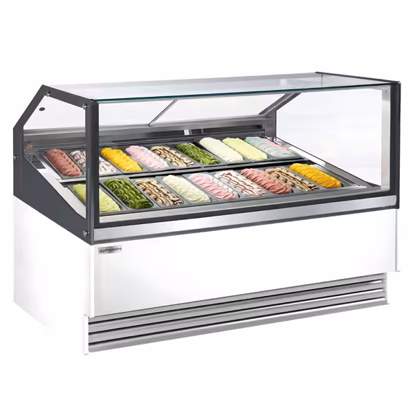 Vetrina Gelato THEO - 1736mm - Refrigerazione ventilata - con Illuminazione LED - per 18x Vasca da gelato da 5 Litri - Sbrinamento automatico - Bianco