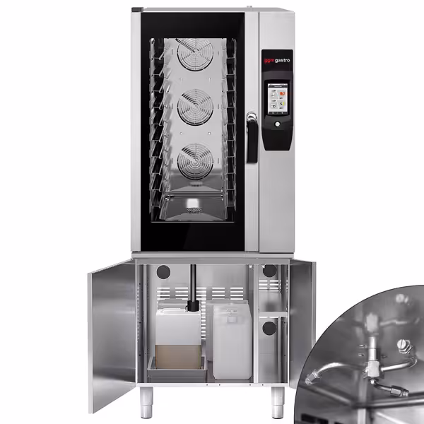 Kombidämpfer - Touch - 10x GN 1/1 - mit Hähnchengrill, Fettauffangsystem, Unterschrank, Waschsystem & Temperaturfühler
