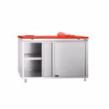Tavolo armadiato in acciaio inox PREMIUM - 1200x600 mm - con porta scorrevole senza alzatina incl. tagliere rosso