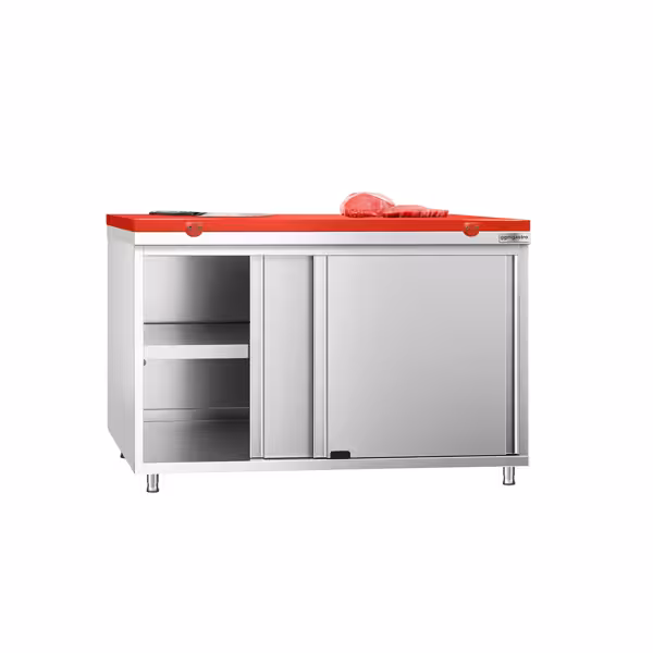 Tavolo armadiato in acciaio inox PREMIUM - 1200x800mm - con porta scorrevole - incl. tagliere rosso
