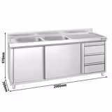 Spülschrank PREMIUM - 2000x700mm - mit 3 Schubladen & 2 Becken links