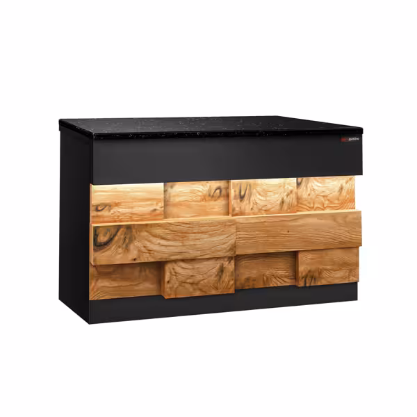 Mostrador de caja TORONTO - 1150mm - Frente efecto madera - Encimera de granito negro - Negro mate