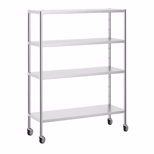 Rvs rek PREMIUM - 1400x500mm - met 4 schappen (in hoogte verstelbaar) - incl. 4 wielstel