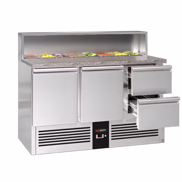 Pult za pripremu salate PREMIUM - 1368 mm - 2 vrata i 2 ladica - s ugradnim ležištem za 8x GN 1/6 i poklopac od nehrđajućeg čelika