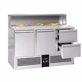 Saladette PREMIUM - 1368mm - 2 porta & 2 cassetti - con vano ingredienti per 8x GN 1/6, coperchio in acciaio inox - piano di lavoro in granito