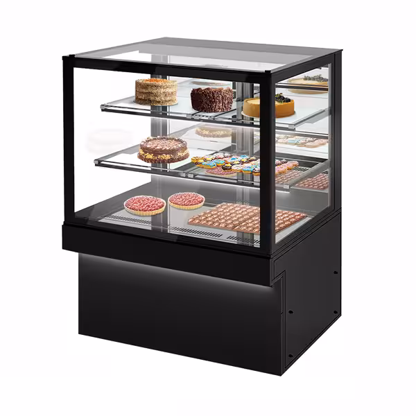 Commercial cake display fridge TORONTO - 1300mm - Double glazing - square - with 3 shelves - rear sliding mirrored glass doors - black front