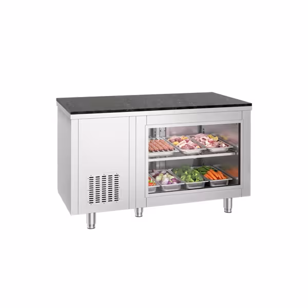 Commercial Counter Fridge – 1400 × 700 mm – Rear Side with 2 Doors – Glass Front – incl. Granite Worktop