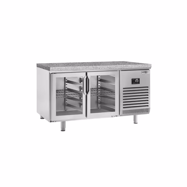 Mesa de refrigeración para panadería PREMIUM PLUS - 1618x800mm - apta 600x400mm - 2 puertas de cristal - encimera de granito - refrigeración ventilada