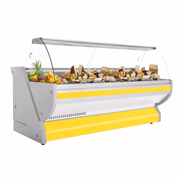 Banco gastronomia professionale / Banco Macelleria - 2965x1150mm - Statica - 570 L - Vetro curvo - Colore Giallo - Sportelli posteriori 2 scorrevoli - servizio assistito