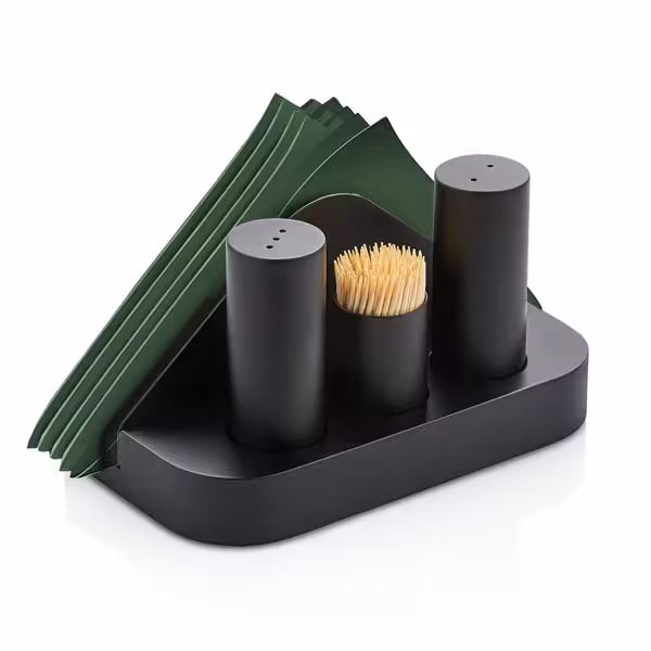 Complete Cruet Set - 4-piece - Stainless steel stand - napkin holder, toothpick holder, salt & pepper - Height: 90mm