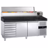 Masă de preparare pizza PREMIUM - 2000x800mm - cu 2 uși cu 7 sertare - incl. vitrină frigorifică - 10x GN 1/4