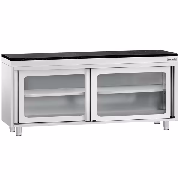 Armoire de travail en acier inoxydable PREMIUM - 2000 x 600 mm - avec porte coulissante en verre - plan de travail en granit inclus