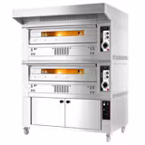 Kaasukäyttöinen pizzauuni (samottikivipohja) - 1450x1450 mm - 6+6 x Ø 33 cm - Ø 33 cm pizza - enintään 370 °C - Manuaalinen - sis. ruostumattomasta teräksestä huppu ja kohotuskaappi