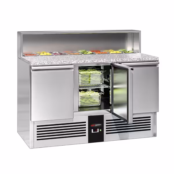 Commercial Saladette Counter PREMIUM - 1368mm - 402L - 3 doors - with glass canopy for 8 x GN 1/6 & stainless steel hinged lid