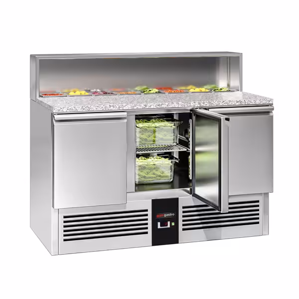 Saladeta PREMIUM - 1368 mm - 3 dveře - s nerezovým krytem pro 8x GN 1/6 - žulová pracovní deska