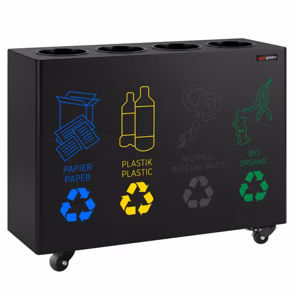 Waste sorting system – 4 bins, 30 litres each – Black – with 4 castors