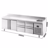 Koelwerkbank PREMIUM PLUS - 2452x700mm - 1 bekken, 2 deuren, 4 lades - met spatrand - 630 liter - -2°C tot +8°C