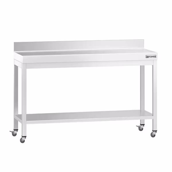 PREMIUM stainless steel workbench - 1400x600mm - with base shelf, upstand & castors