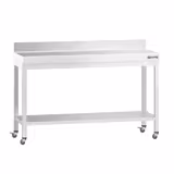 Table de travail en inox PREMIUM - 1400 x 600 mm - avec tablette inférieure, dosseret et roulettes