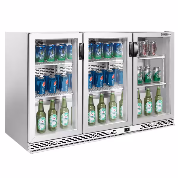 Commercial Back Bar Cooler PREMIUM PLUS - 1350mm - 330L - with 3 glass hinged doors - Stainless steel