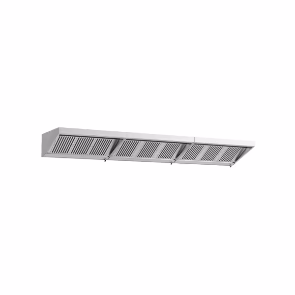 Wandafzuigkap RVS - 900mm diep - 4600mm - zonder motor - compleet - met 9 labyrintfilters en verlichting - 3600m³/u