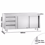 Tavolo armadiato in acciaio inox PREMIUM - 1800x700mm - con 2 porte scorrevoli + 3 cassetti a sinistra