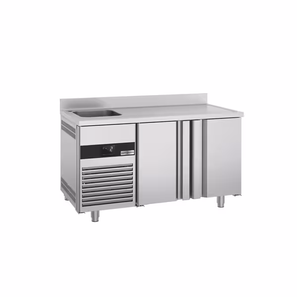 Blat frigorific - 1,43 x 0,7 m - cu 2 uși, 1 bazin pe partea stângă și backsplash - 270 litri