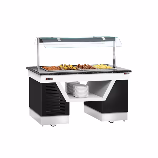 Banco per Buffet caldo BELFAST - 1600mm - con bagnomaria e rotelle - per 4x GN 1/1