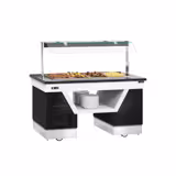 Heated Bain Marie Counter BELFAST - 1600mm - with Bain Marie Well + Flat Glass Sneeze Guard - on Castors - for 4x GN 1/1 - Black