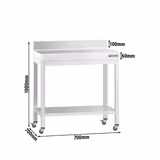 Tavolo da lavoro in acciaio inox PREMIUM - 700x700mm - con ripiano inferiore & alzatina & ripiano intermedio & traversi di rinforzo