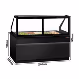 Saladette TORONTO - 2000mm - zwart front - 3 deuren - met rechte glazen opzetvitrine voor 5x GN 1/1 - granieten werkblad